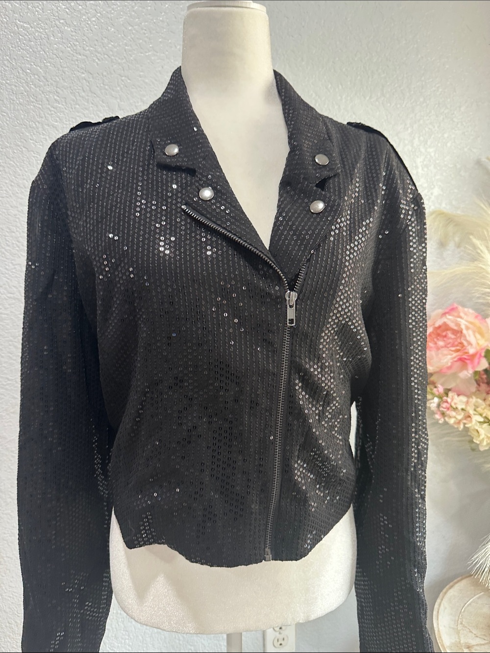 Anthropologie Black Sequin Moto Jacket